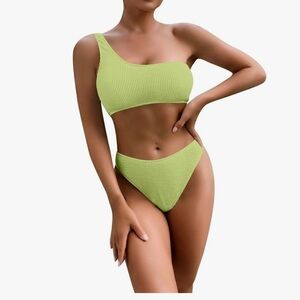 Women's Ribbed Bikini Set One Shoulder Top with Mid Waist Two Piece Size M